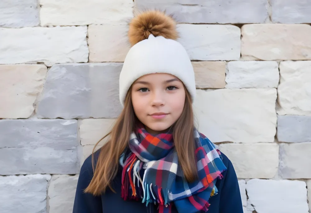 A Young Girl Approximately 12 Years Old With Light Skin And Long Brown Hair Wearing A White Beanie With A Pom Pom On Top And A Colorful Plaid Scarf The Background Consists Of A Textured Stone Wall 25 C4b8