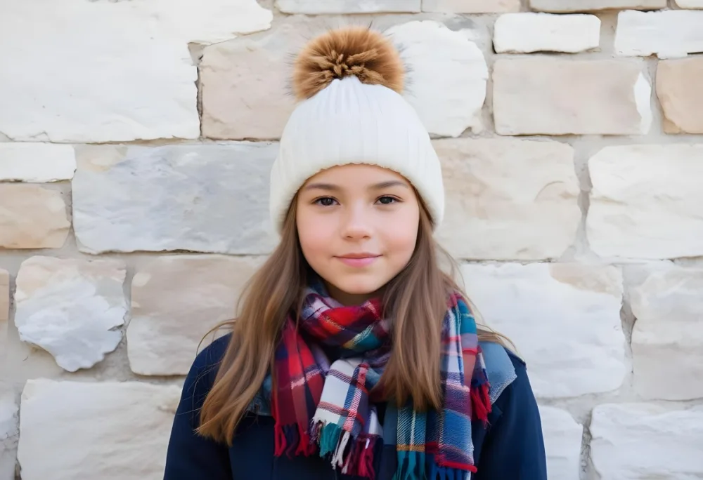 A Young Girl Approximately 12 Years Old With Light Skin And Long Brown Hair Wearing A White Beanie With A Pom Pom On Top And A Colorful Plaid Scarf The Background Consists Of A Textured Stone Wall 27 2397
