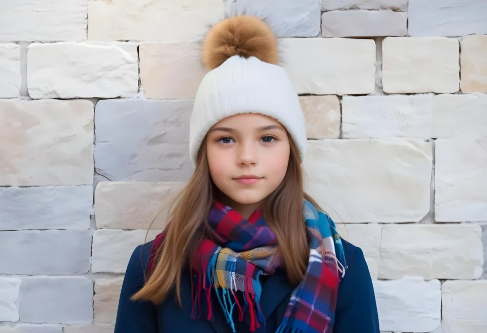 A Young Girl Approximately 12 Years Old With Light Skin And Long Brown Hair Wearing A White Beanie With A Pom Pom On Top And A Colorful Plaid Scarf The Background Consists Of A Textured Stone Wall 28 D53b