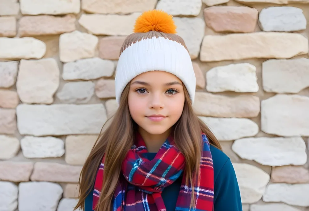 A Young Girl Approximately 12 Years Old With Light Skin And Long Brown Hair Wearing A White Beanie With A Pom Pom On Top And A Colorful Plaid Scarf The Background Consists Of A Textured Stone Wall 30 8b3f