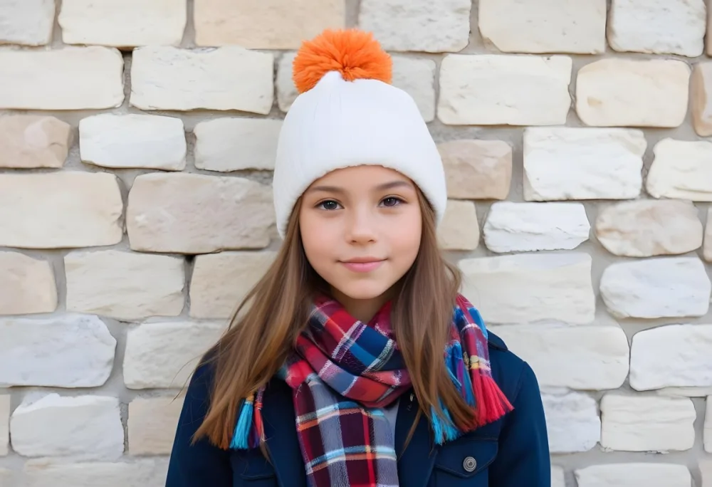A Young Girl Approximately 12 Years Old With Light Skin And Long Brown Hair Wearing A White Beanie With A Pom Pom On Top And A Colorful Plaid Scarf The Background Consists Of A Textured Stone Wall 32 8278