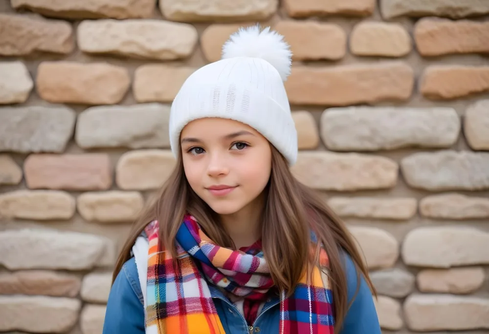 A Young Girl Approximately 12 Years Old With Light Skin And Long Brown Hair Wearing A White Beanie With A Pom Pom On Top And A Colorful Plaid Scarf The Background Consists Of A Textured Stone Wall 35 A8ff