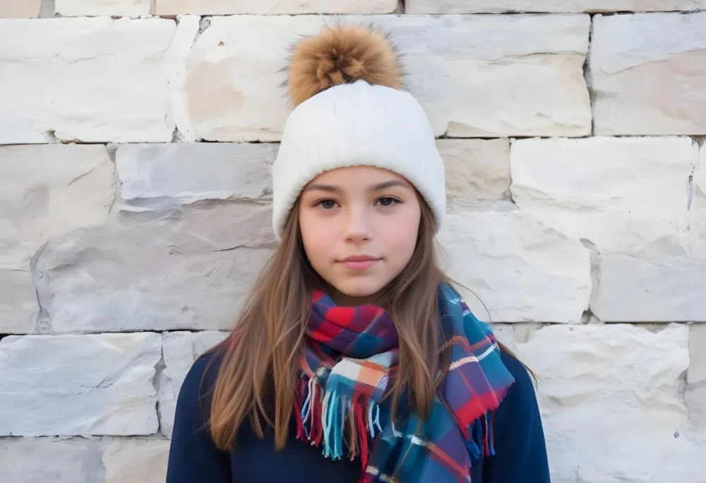 A Young Girl Approximately 12 Years Old With Light Skin And Long Brown Hair Wearing A White Beanie With A Pom Pom On Top And A Colorful Plaid Scarf The Background Consists Of A Textured Stone Wall 36 7a81