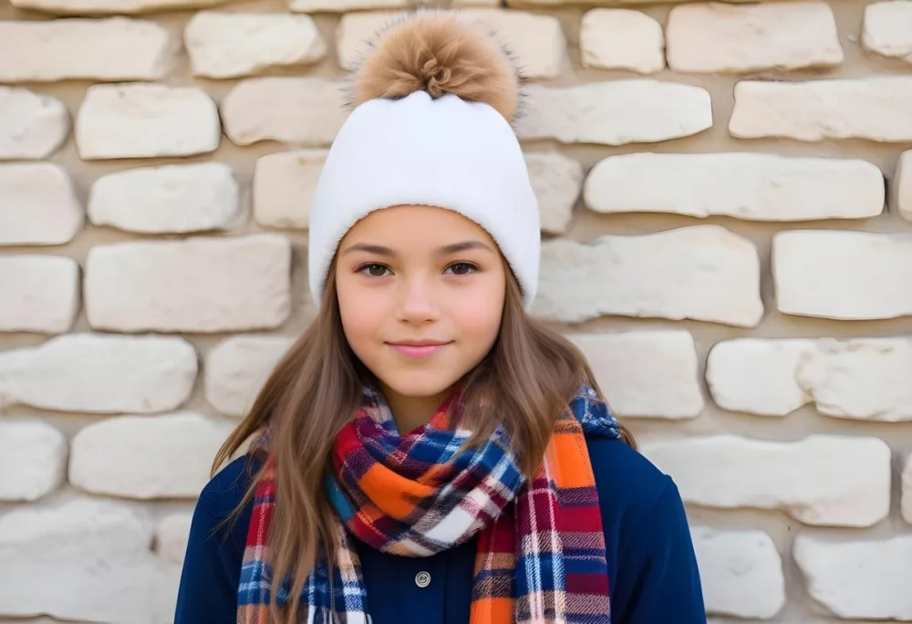 A Young Girl Approximately 12 Years Old With Light Skin And Long Brown Hair Wearing A White Beanie With A Pom Pom On Top And A Colorful Plaid Scarf The Background Consists Of A Textured Stone Wall 37 C1b2