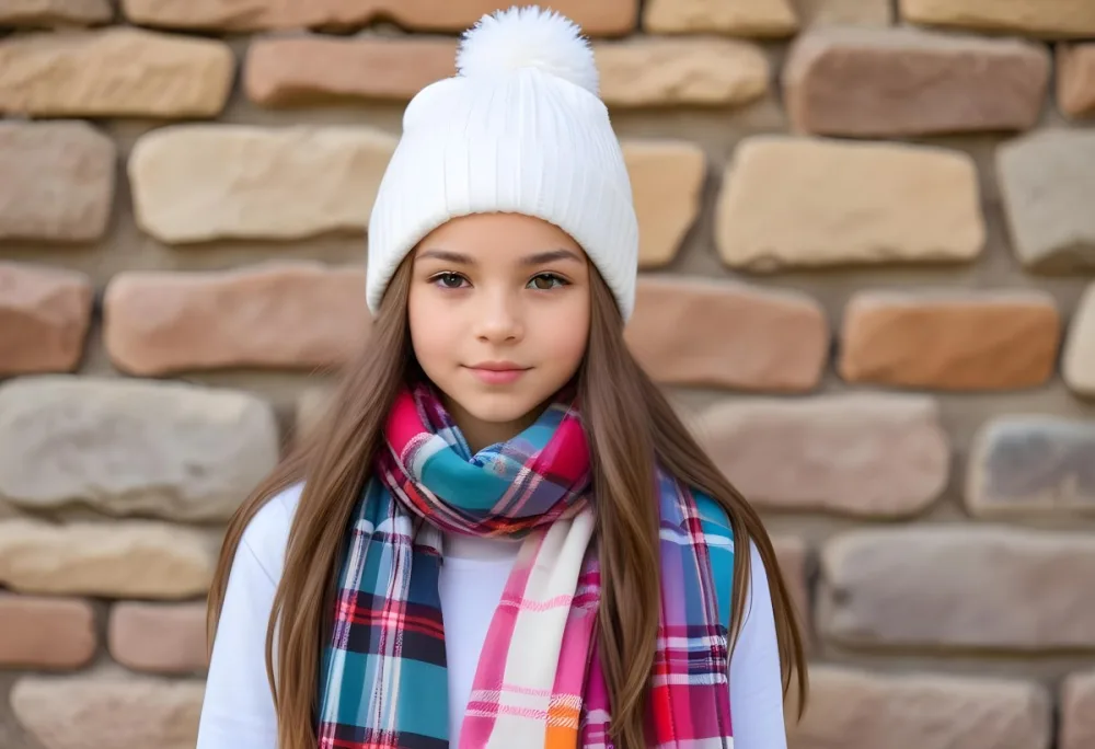 A Young Girl Approximately 12 Years Old With Light Skin And Long Brown Hair Wearing A White Beanie With A Pom Pom On Top And A Colorful Plaid Scarf The Background Consists Of A Textured Stone Wall 39 73dd