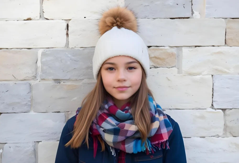 A Young Girl Approximately 12 Years Old With Light Skin And Long Brown Hair Wearing A White Beanie With A Pom Pom On Top And A Colorful Plaid Scarf The Background Consists Of A Textured Stone Wall 5 C2f4
