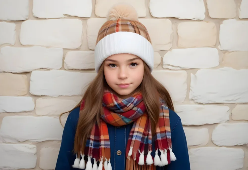 A Young Girl Approximately 12 Years Old With Light Skin And Long Brown Hair Wearing A White Beanie With A Pom Pom On Top And A Colorful Plaid Scarf The Background Consists Of A Textured Stone Wall 6 4728