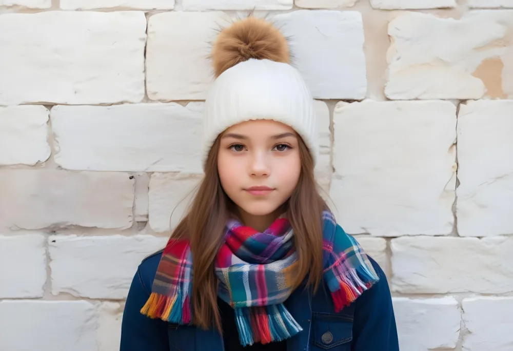 A Young Girl Approximately 12 Years Old With Light Skin And Long Brown Hair Wearing A White Beanie With A Pom Pom On Top And A Colorful Plaid Scarf The Background Consists Of A Textured Stone Wall 8 E4f6