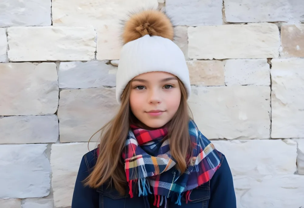 A Young Girl Approximately 12 Years Old With Light Skin And Long Brown Hair Wearing A White Beanie With A Pom Pom On Top And A Colorful Plaid Scarf The Background Consists Of A Textured Stone Wall 9 Fd94