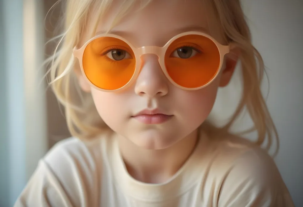 A Young Girl Approximately 6 Years Old With Light Blonde Hair And Fair Skin Wearing Large Round Sunglasses With Orange Lenses She Has A Neutral Expression And Is Dressed In A Light Colored Shirt The Background Is Sof 38 Dda2