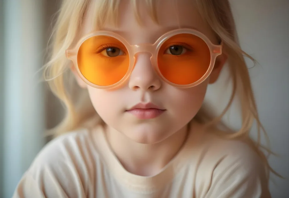 A Young Girl Approximately 6 Years Old With Light Blonde Hair And Fair Skin Wearing Large Round Sunglasses With Orange Lenses She Has A Neutral Expression And Is Dressed In A Light Colored Shirt The Background Is Sof 43 1aea