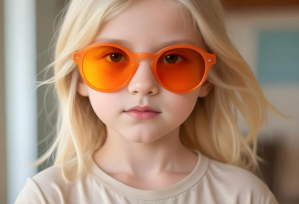 A Young Girl Approximately 6 Years Old With Light Blonde Hair And Fair Skin Wearing Large Round Sunglasses With Orange Lenses She Has A Neutral Expression And Is Dressed In A Light Colored Shirt The Background Is Sof 45 4cef