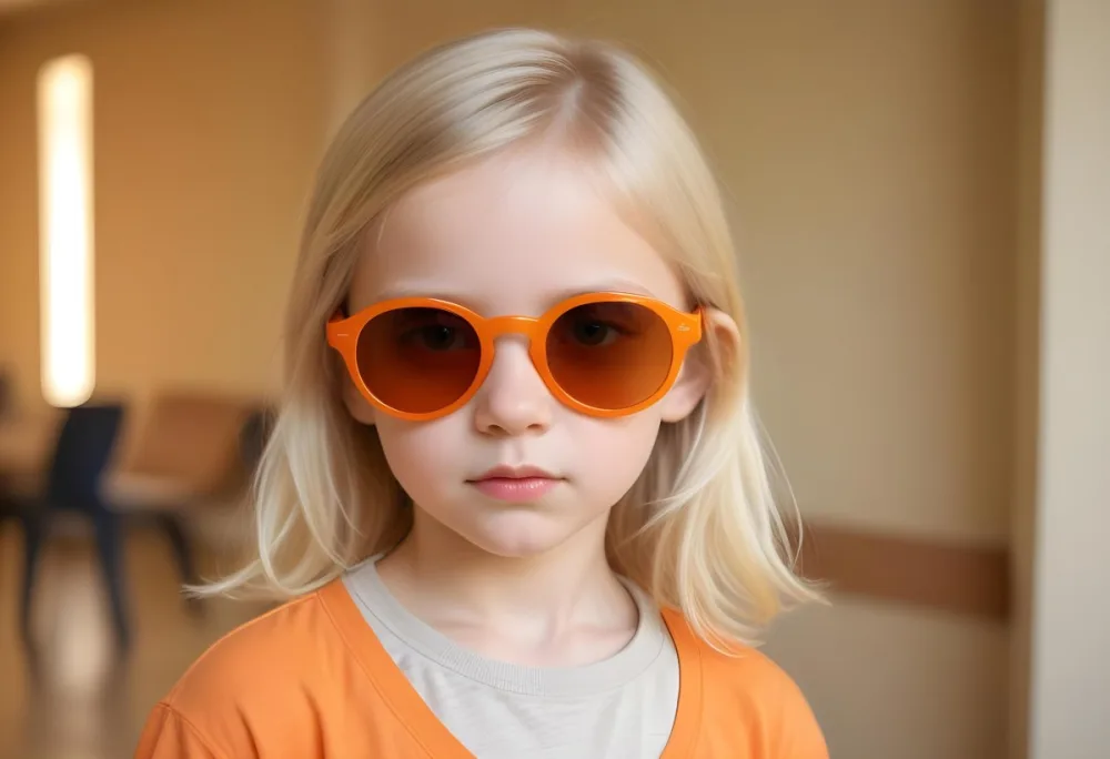 A Young Girl Approximately 6 Years Old With Light Blonde Hair And Fair Skin Wearing Large Round Sunglasses With Orange Lenses She Has A Neutral Expression And Is Dressed In A Light Colored Shirt The Background Is Sof 47 37cb
