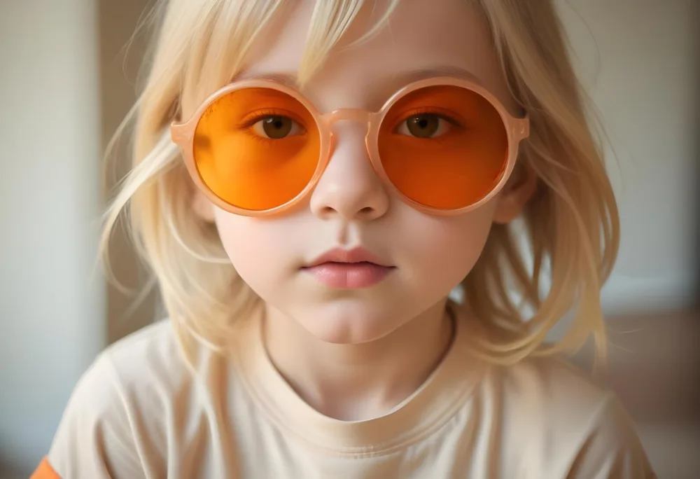 A Young Girl Approximately 6 Years Old With Light Blonde Hair And Fair Skin Wearing Large Round Sunglasses With Orange Lenses She Has A Neutral Expression And Is Dressed In A Light Colored Shirt The Background Is Sof 54 60e2