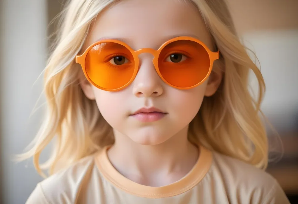 A Young Girl Approximately 6 Years Old With Light Blonde Hair And Fair Skin Wearing Large Round Sunglasses With Orange Lenses She Has A Neutral Expression And Is Dressed In A Light Colored Shirt The Background Is Sof 58 B2ae