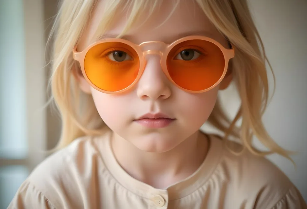 A Young Girl Approximately 6 Years Old With Light Blonde Hair And Fair Skin Wearing Large Round Sunglasses With Orange Lenses She Has A Neutral Expression And Is Dressed In A Light Colored Shirt The Background Is Sof 67 0e63