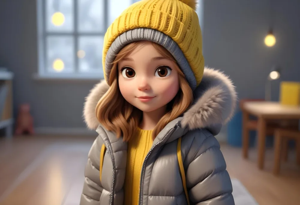 A Young Girl Approximately 8 Years Old With Light Brown Hair And Fair Skin Wearing A Gray Puffer Jacket With A Fur Lined Hood And A Yellow Knitted Beanie The Background Features A Blurred Indoor Setting With Soft Lig 10 517f