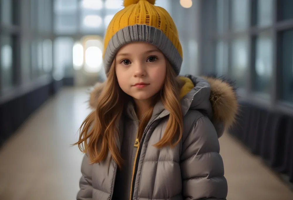 A Young Girl Approximately 8 Years Old With Light Brown Hair And Fair Skin Wearing A Gray Puffer Jacket With A Fur Lined Hood And A Yellow Knitted Beanie The Background Features A Blurred Indoor Setting With Soft Lig 19 A78d