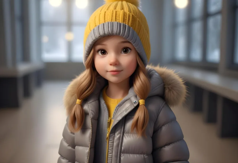 A Young Girl Approximately 8 Years Old With Light Brown Hair And Fair Skin Wearing A Gray Puffer Jacket With A Fur Lined Hood And A Yellow Knitted Beanie The Background Features A Blurred Indoor Setting With Soft Lig 28 A8bf