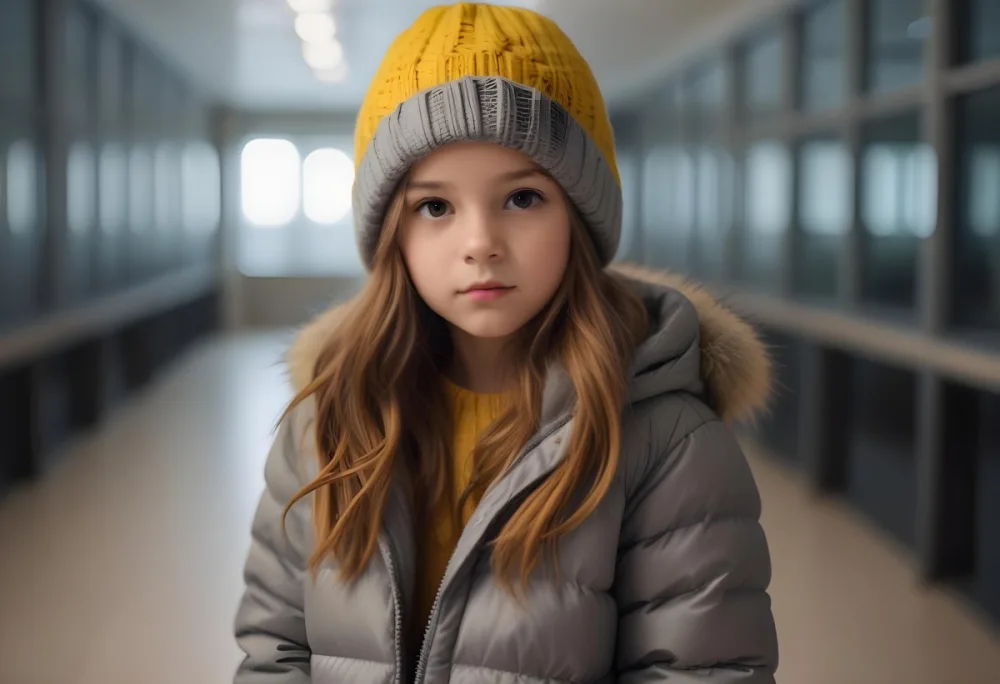 A Young Girl Approximately 8 Years Old With Light Brown Hair And Fair Skin Wearing A Gray Puffer Jacket With A Fur Lined Hood And A Yellow Knitted Beanie The Background Features A Blurred Indoor Setting With Soft Lig 31 78ab