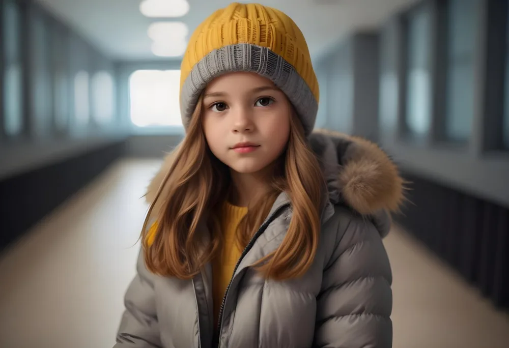 A Young Girl Approximately 8 Years Old With Light Brown Hair And Fair Skin Wearing A Gray Puffer Jacket With A Fur Lined Hood And A Yellow Knitted Beanie The Background Features A Blurred Indoor Setting With Soft Lig 37 Dc49