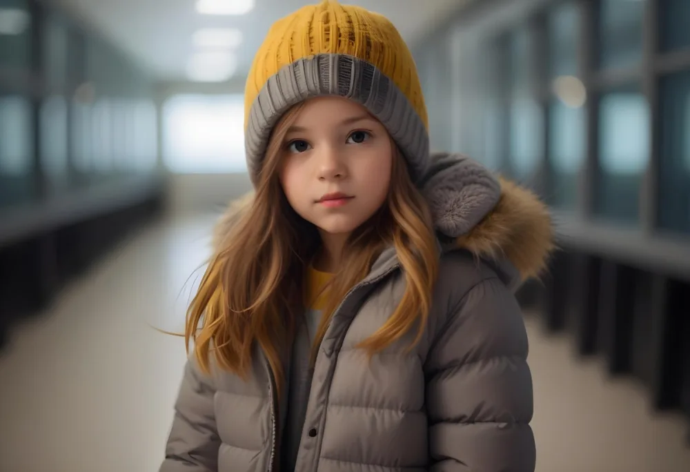 A Young Girl Approximately 8 Years Old With Light Brown Hair And Fair Skin Wearing A Gray Puffer Jacket With A Fur Lined Hood And A Yellow Knitted Beanie The Background Features A Blurred Indoor Setting With Soft Lig 38 C51e