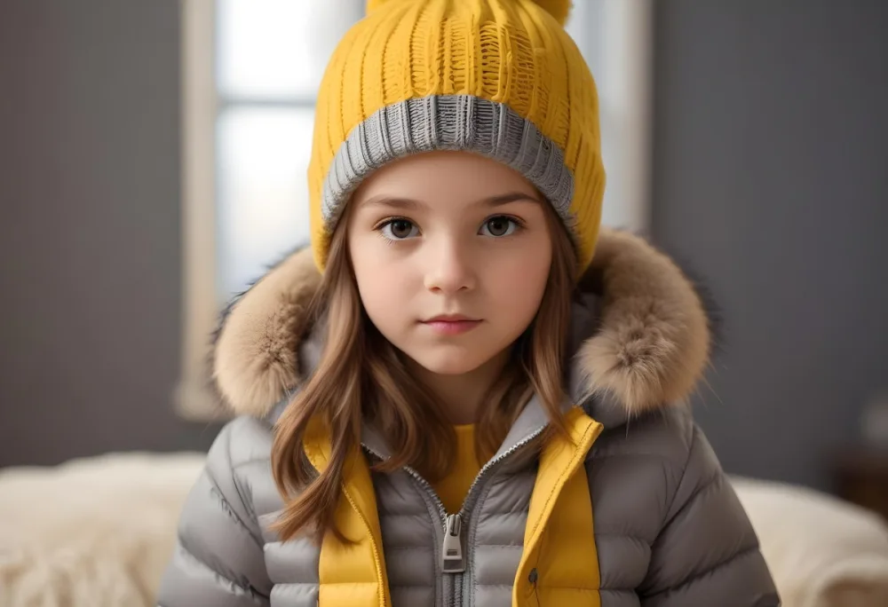 A Young Girl Approximately 8 Years Old With Light Brown Hair And Fair Skin Wearing A Gray Puffer Jacket With A Fur Lined Hood And A Yellow Knitted Beanie The Background Features A Blurred Indoor Setting With Soft Lig 55 23cf
