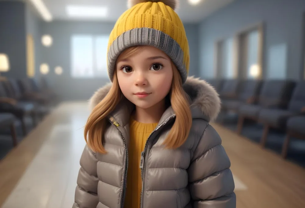 A Young Girl Approximately 8 Years Old With Light Brown Hair And Fair Skin Wearing A Gray Puffer Jacket With A Fur Lined Hood And A Yellow Knitted Beanie The Background Features A Blurred Indoor Setting With Soft Lig 6 0d70