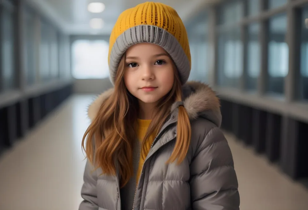 A Young Girl Approximately 8 Years Old With Light Brown Hair And Fair Skin Wearing A Gray Puffer Jacket With A Fur Lined Hood And A Yellow Knitted Beanie The Background Features A Blurred Indoor Setting With Soft Lig 61 9a80