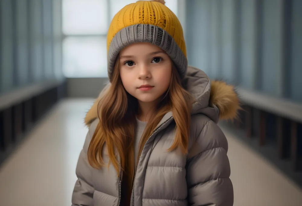 A Young Girl Approximately 8 Years Old With Light Brown Hair And Fair Skin Wearing A Gray Puffer Jacket With A Fur Lined Hood And A Yellow Knitted Beanie The Background Features A Blurred Indoor Setting With Soft Lig 65 B793