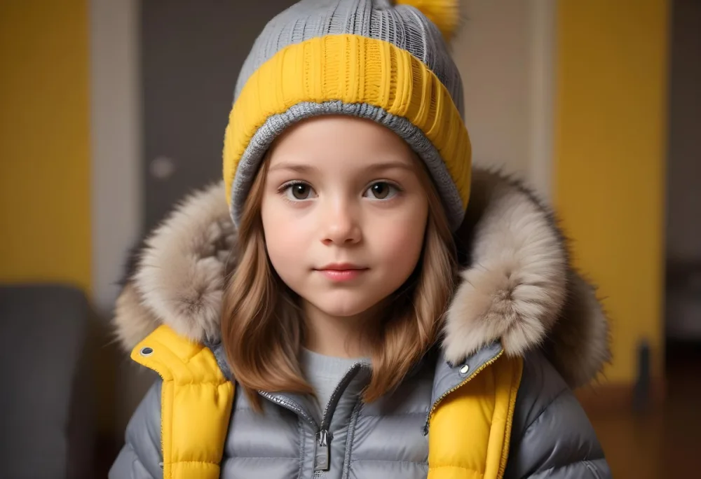A Young Girl Approximately 8 Years Old With Light Brown Hair And Fair Skin Wearing A Gray Puffer Jacket With A Fur Lined Hood And A Yellow Knitted Beanie The Background Features A Blurred Indoor Setting With Soft Lig 68 C2f2