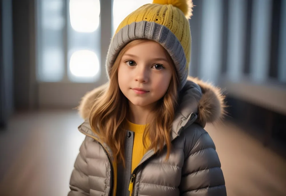 A Young Girl Approximately 8 Years Old With Light Brown Hair And Fair Skin Wearing A Gray Puffer Jacket With A Fur Lined Hood And A Yellow Knitted Beanie The Background Features A Blurred Indoor Setting With Soft Lig 75 C55a