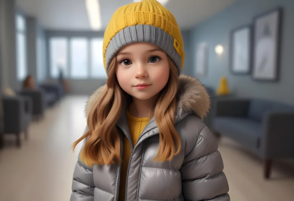 A Young Girl Approximately 8 Years Old With Light Brown Hair And Fair Skin Wearing A Gray Puffer Jacket With A Fur Lined Hood And A Yellow Knitted Beanie The Background Features A Blurred Indoor Setting With Soft Lig 8 6853