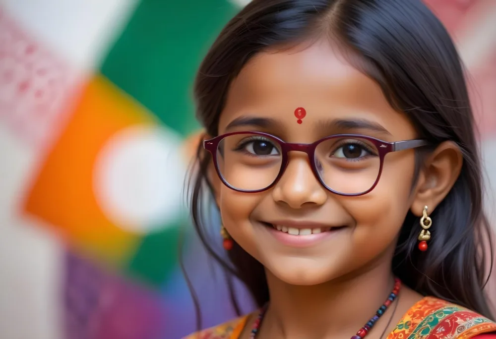A Young Indian Girl Around 8 Years Old With Medium Brown Skin And Long Black Hair Wearing Glasses And Traditional Attire She Has A Small Red Bindi On Her Forehead And Is Smiling The Background Features Colorful Patt 11 8a7e