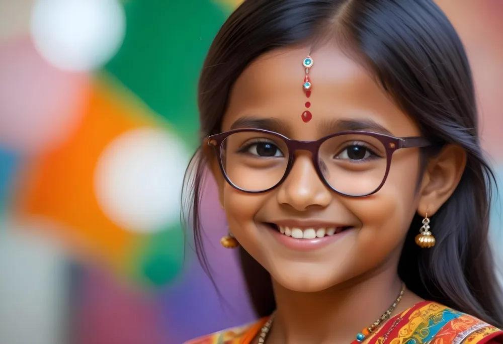 A Young Indian Girl Around 8 Years Old With Medium Brown Skin And Long Black Hair Wearing Glasses And Traditional Attire She Has A Small Red Bindi On Her Forehead And Is Smiling The Background Features Colorful Patt 13 319c