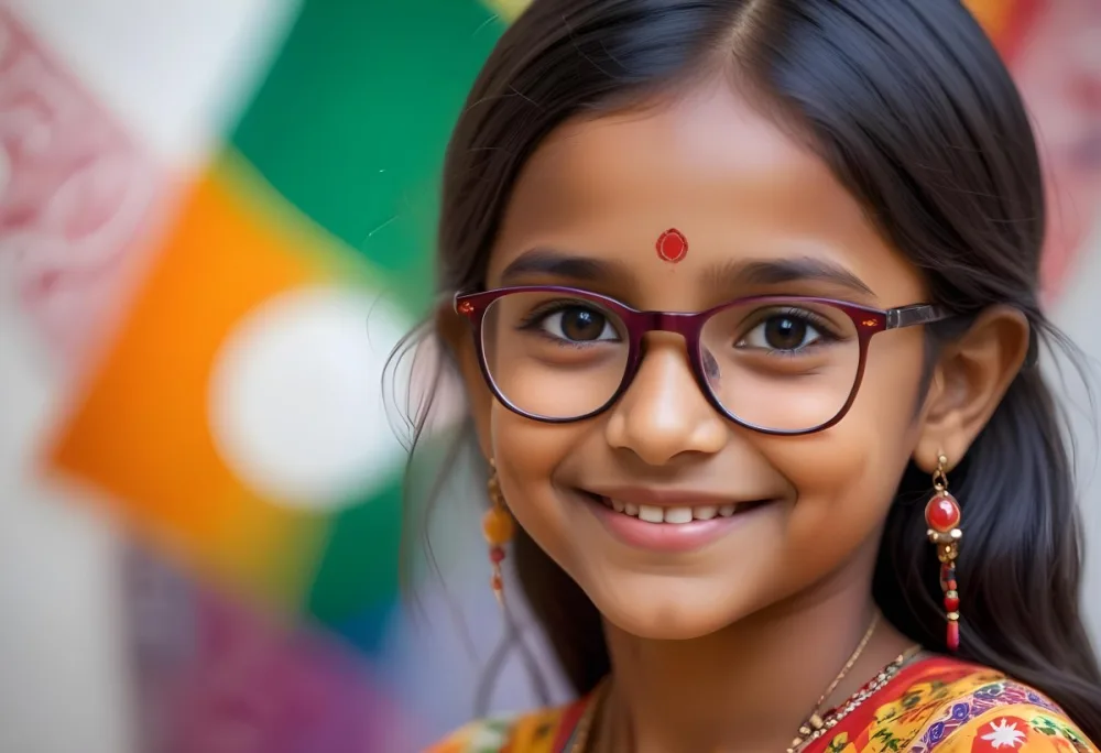 A Young Indian Girl Around 8 Years Old With Medium Brown Skin And Long Black Hair Wearing Glasses And Traditional Attire She Has A Small Red Bindi On Her Forehead And Is Smiling The Background Features Colorful Patt 15 5083