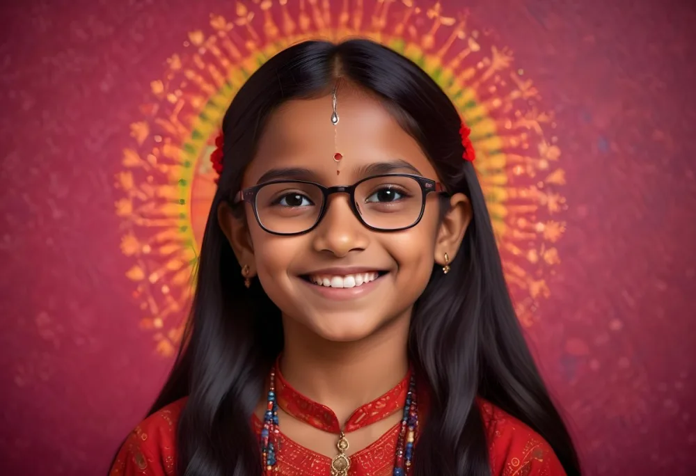 A Young Indian Girl Around 8 Years Old With Medium Brown Skin And Long Black Hair Wearing Glasses And Traditional Attire She Has A Small Red Bindi On Her Forehead And Is Smiling The Background Features Colorful Patt 18 A682