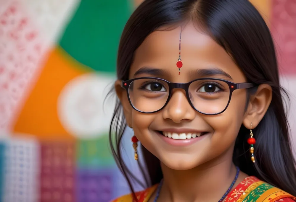 A Young Indian Girl Around 8 Years Old With Medium Brown Skin And Long Black Hair Wearing Glasses And Traditional Attire She Has A Small Red Bindi On Her Forehead And Is Smiling The Background Features Colorful Patt 21 3ce5