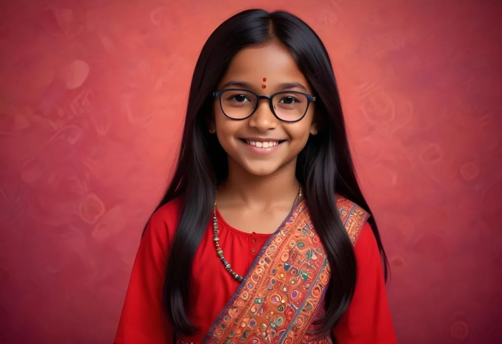 A Young Indian Girl Around 8 Years Old With Medium Brown Skin And Long Black Hair Wearing Glasses And Traditional Attire She Has A Small Red Bindi On Her Forehead And Is Smiling The Background Features Colorful Patt 27 Ef04