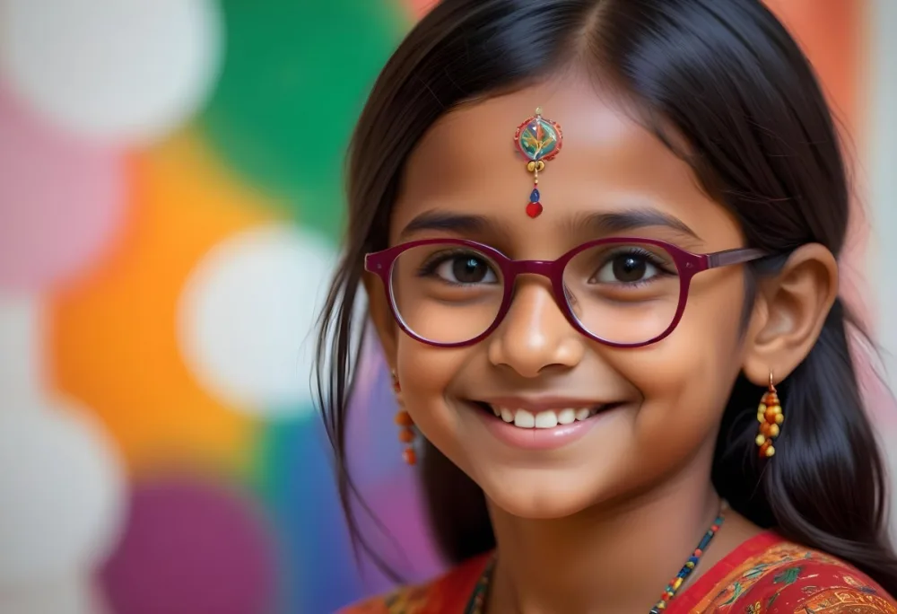 A Young Indian Girl Around 8 Years Old With Medium Brown Skin And Long Black Hair Wearing Glasses And Traditional Attire She Has A Small Red Bindi On Her Forehead And Is Smiling The Background Features Colorful Patt 33 345b