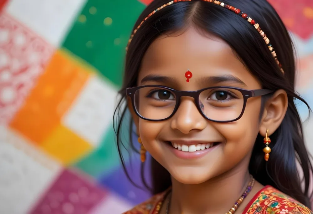 A Young Indian Girl Around 8 Years Old With Medium Brown Skin And Long Black Hair Wearing Glasses And Traditional Attire She Has A Small Red Bindi On Her Forehead And Is Smiling The Background Features Colorful Patt 34 Db5e