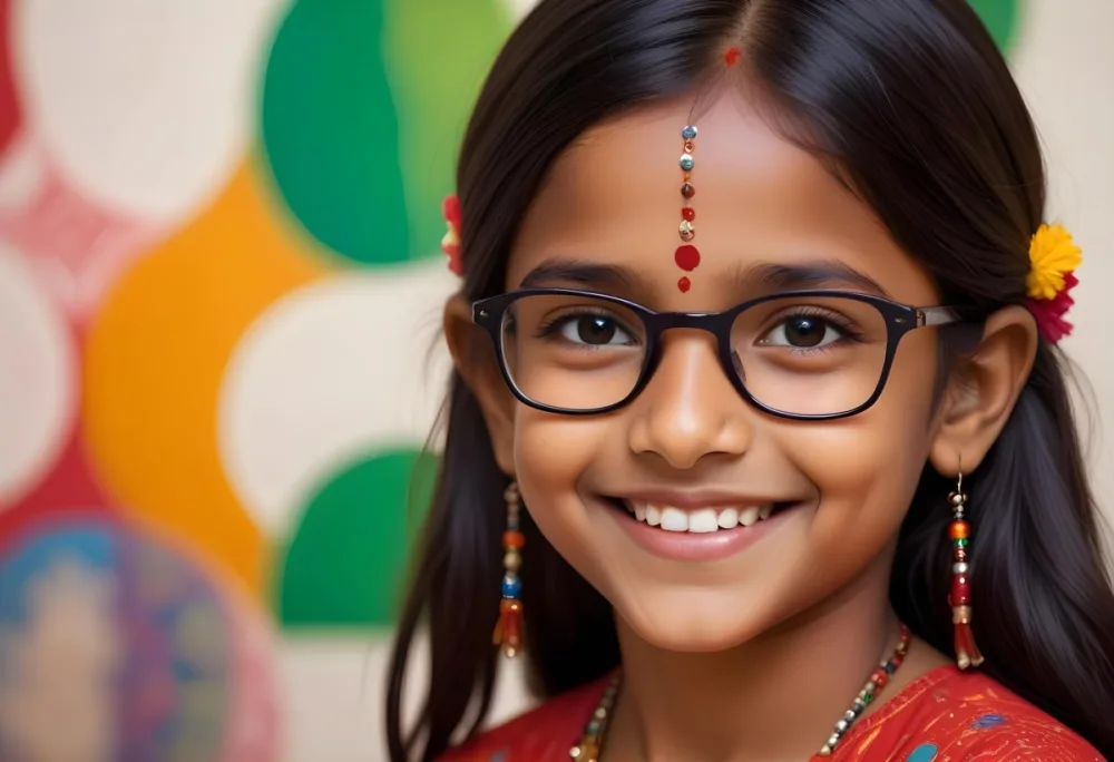 A Young Indian Girl Around 8 Years Old With Medium Brown Skin And Long Black Hair Wearing Glasses And Traditional Attire She Has A Small Red Bindi On Her Forehead And Is Smiling The Background Features Colorful Patt 35 35d7