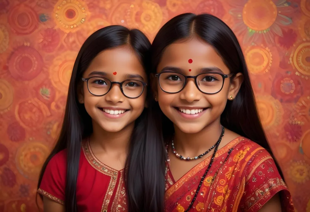 A Young Indian Girl Around 8 Years Old With Medium Brown Skin And Long Black Hair Wearing Glasses And Traditional Attire She Has A Small Red Bindi On Her Forehead And Is Smiling The Background Features Colorful Patt 37 269c
