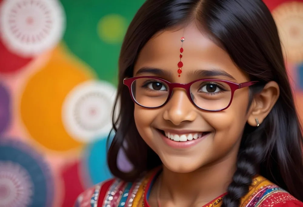 A Young Indian Girl Around 8 Years Old With Medium Brown Skin And Long Black Hair Wearing Glasses And Traditional Attire She Has A Small Red Bindi On Her Forehead And Is Smiling The Background Features Colorful Patt 39 F012