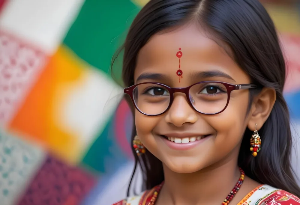 A Young Indian Girl Around 8 Years Old With Medium Brown Skin And Long Black Hair Wearing Glasses And Traditional Attire She Has A Small Red Bindi On Her Forehead And Is Smiling The Background Features Colorful Patt 4 088a