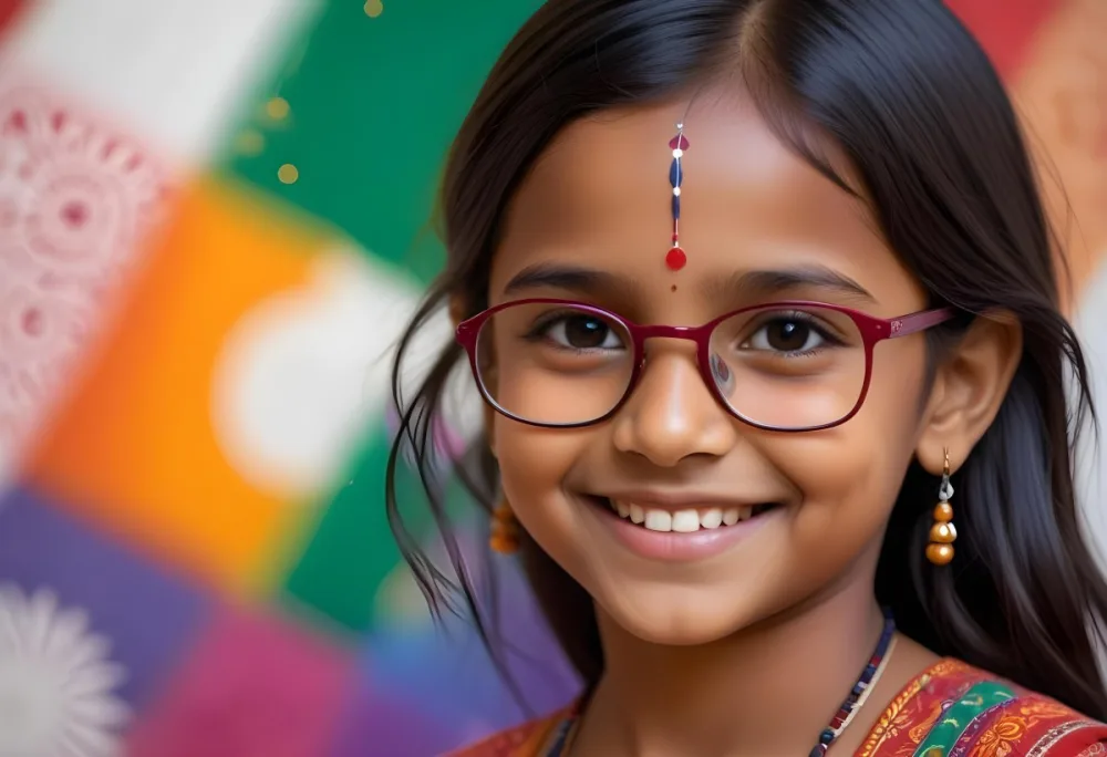 A Young Indian Girl Around 8 Years Old With Medium Brown Skin And Long Black Hair Wearing Glasses And Traditional Attire She Has A Small Red Bindi On Her Forehead And Is Smiling The Background Features Colorful Patt 40 9f38