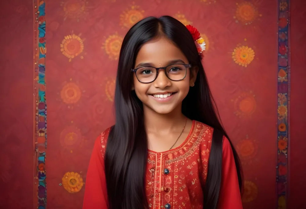 A Young Indian Girl Around 8 Years Old With Medium Brown Skin And Long Black Hair Wearing Glasses And Traditional Attire She Has A Small Red Bindi On Her Forehead And Is Smiling The Background Features Colorful Patt 41 1476