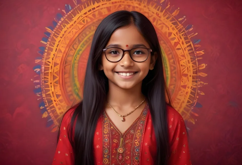 A Young Indian Girl Around 8 Years Old With Medium Brown Skin And Long Black Hair Wearing Glasses And Traditional Attire She Has A Small Red Bindi On Her Forehead And Is Smiling The Background Features Colorful Patt 42 8deb