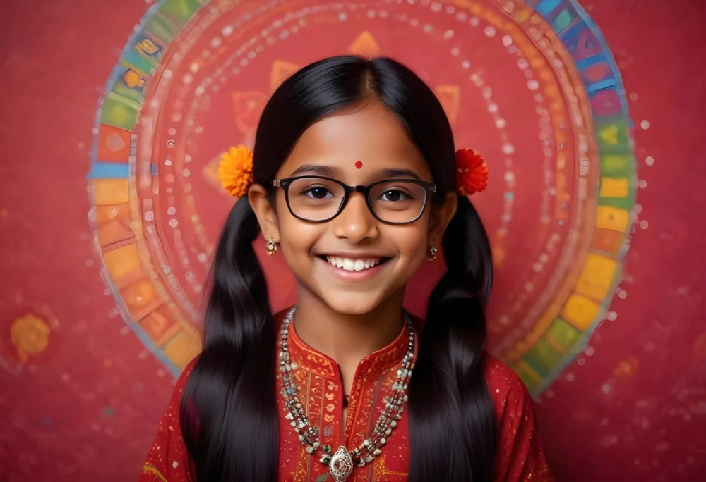 A Young Indian Girl Around 8 Years Old With Medium Brown Skin And Long Black Hair Wearing Glasses And Traditional Attire She Has A Small Red Bindi On Her Forehead And Is Smiling The Background Features Colorful Patt 43 643e
