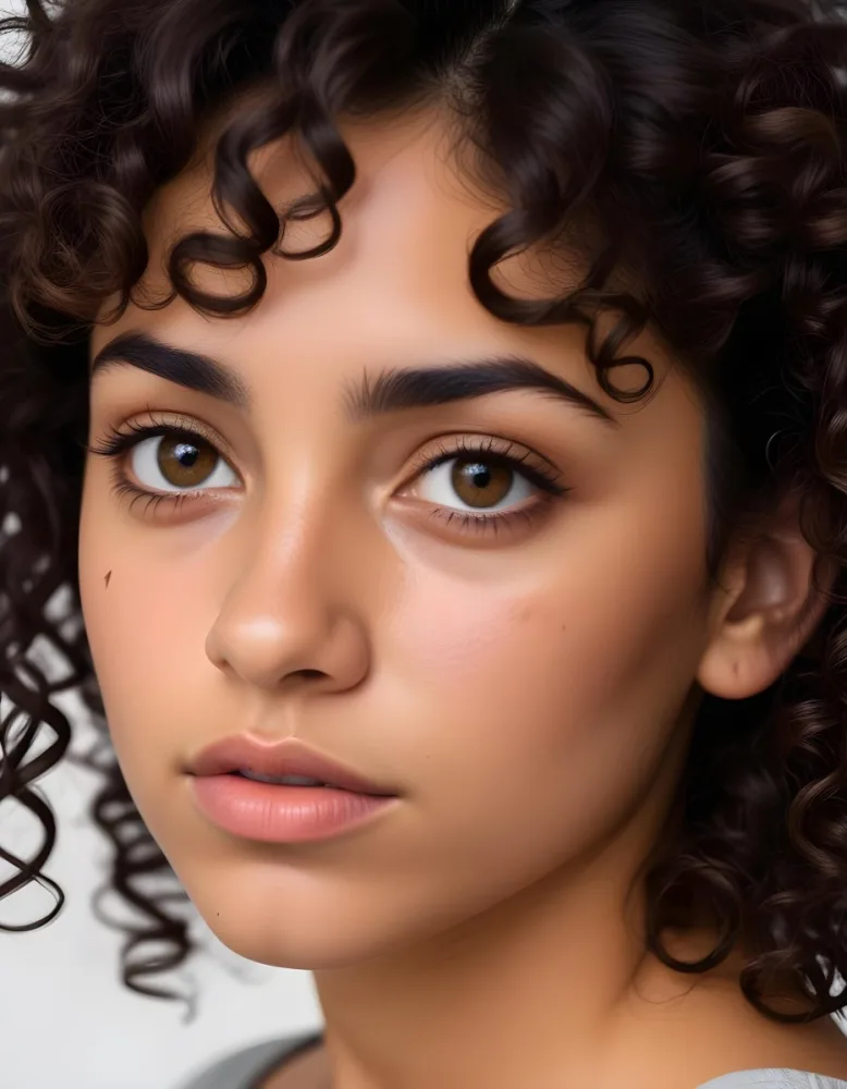 A Young Latina Woman With Curly Dark Hair Olive Skin And A Serious Expression On Her Face 10 5216
